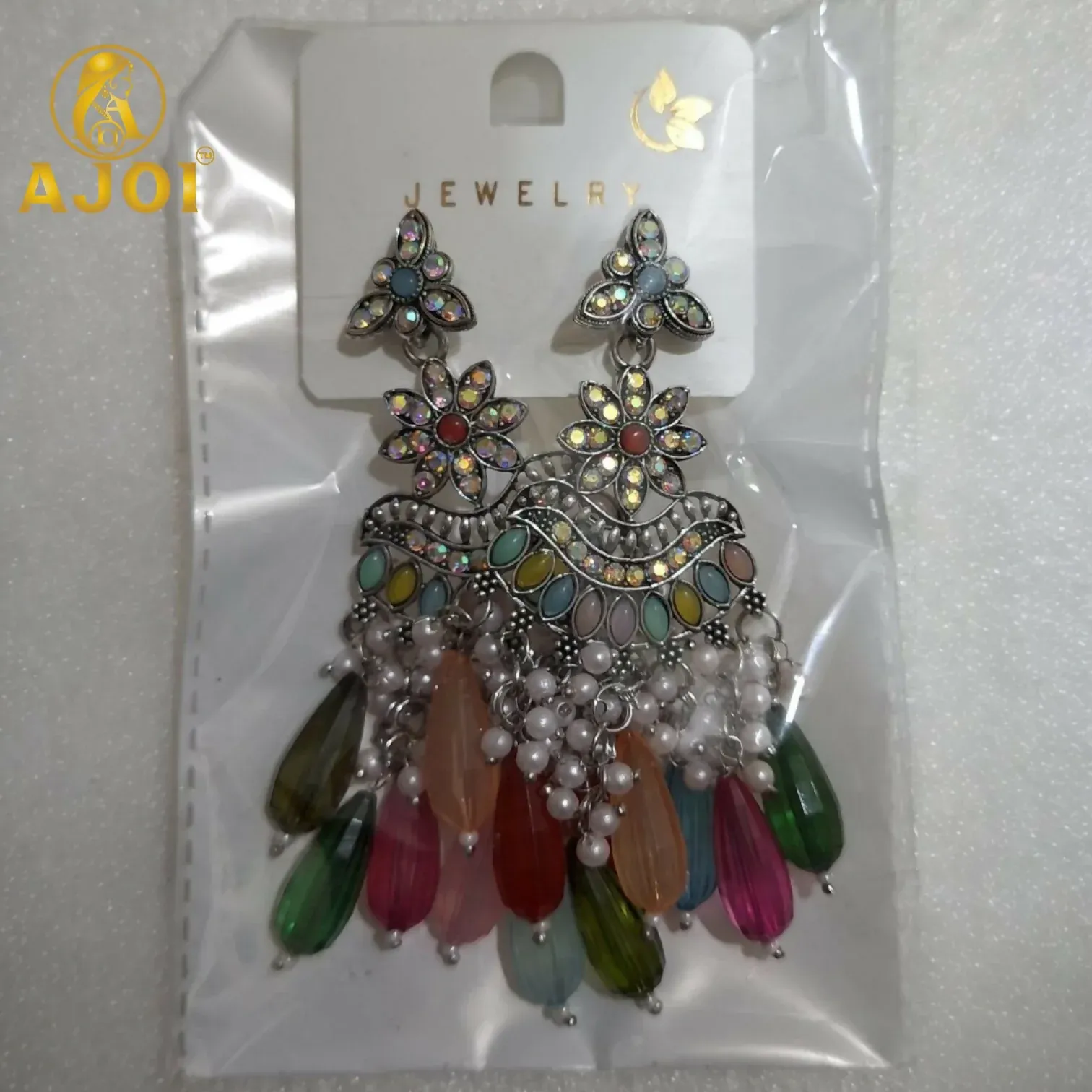 Oxidized Floral Earrings with Multicolor Drop Beads & Pearl Tassels - Detailed Feature View 4