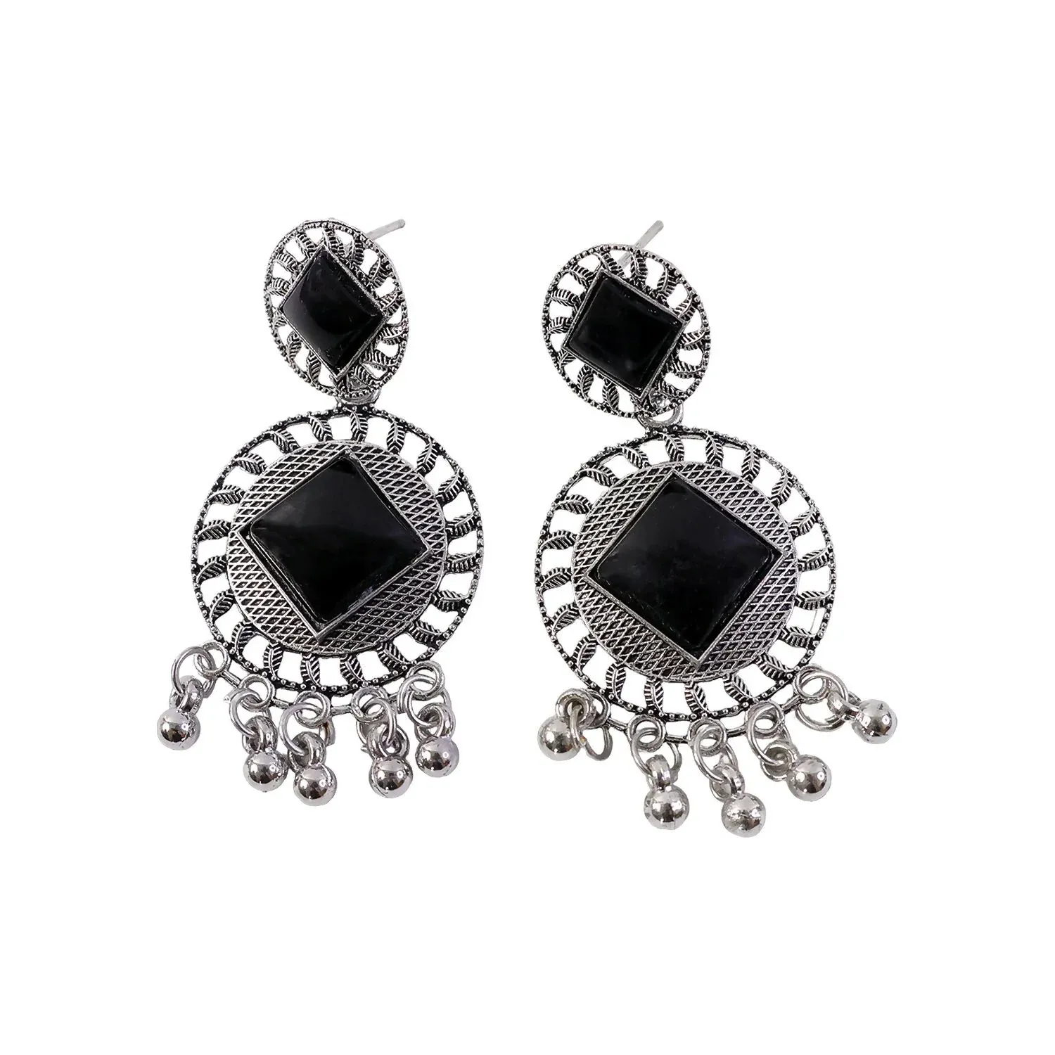 Vintage Charm Oxidized Silver Black Stone Earrings - Detailed Feature View 4