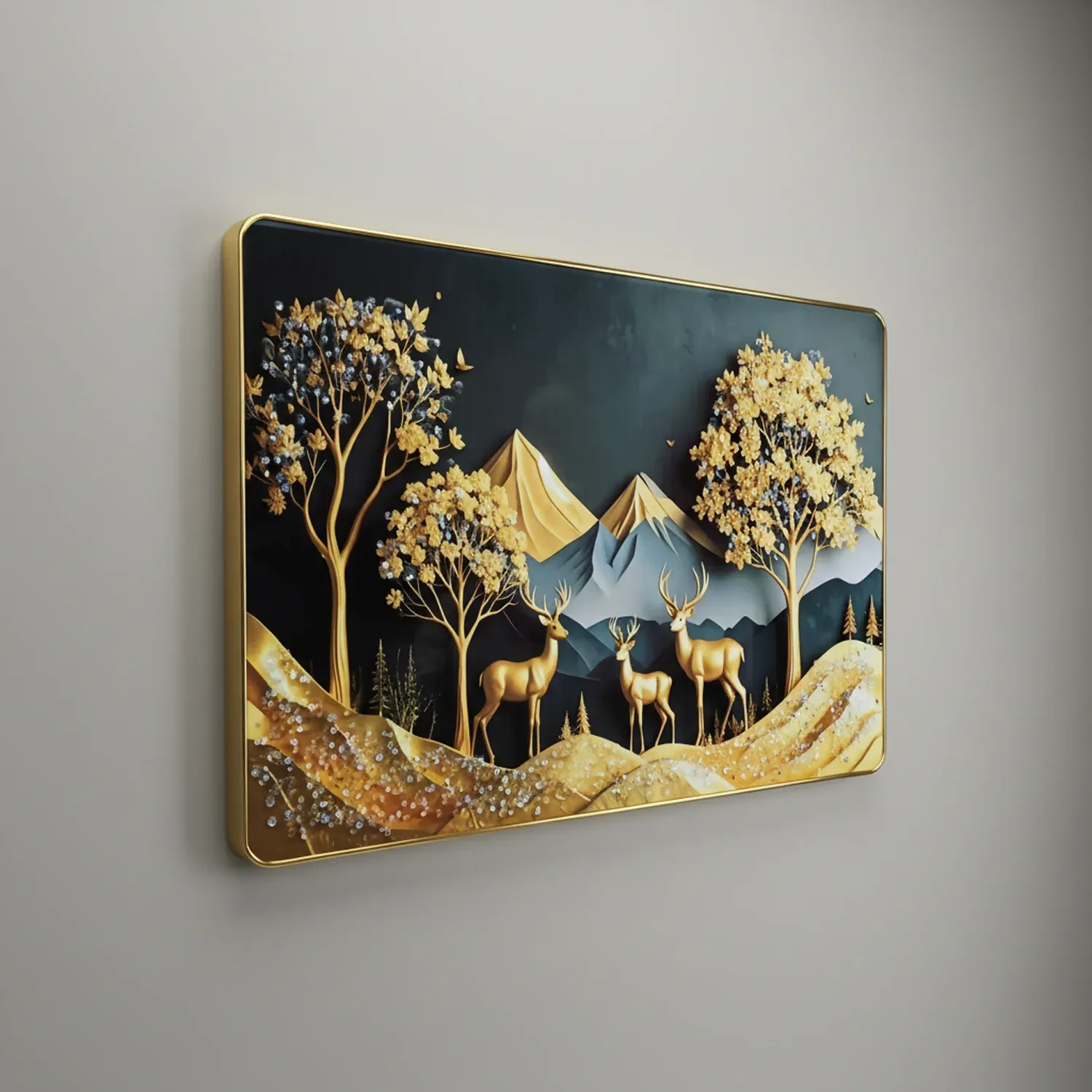 Luxury Golden Deer Wall Art – Elegant Mountain Landscape Decor - Detailed Feature View 1