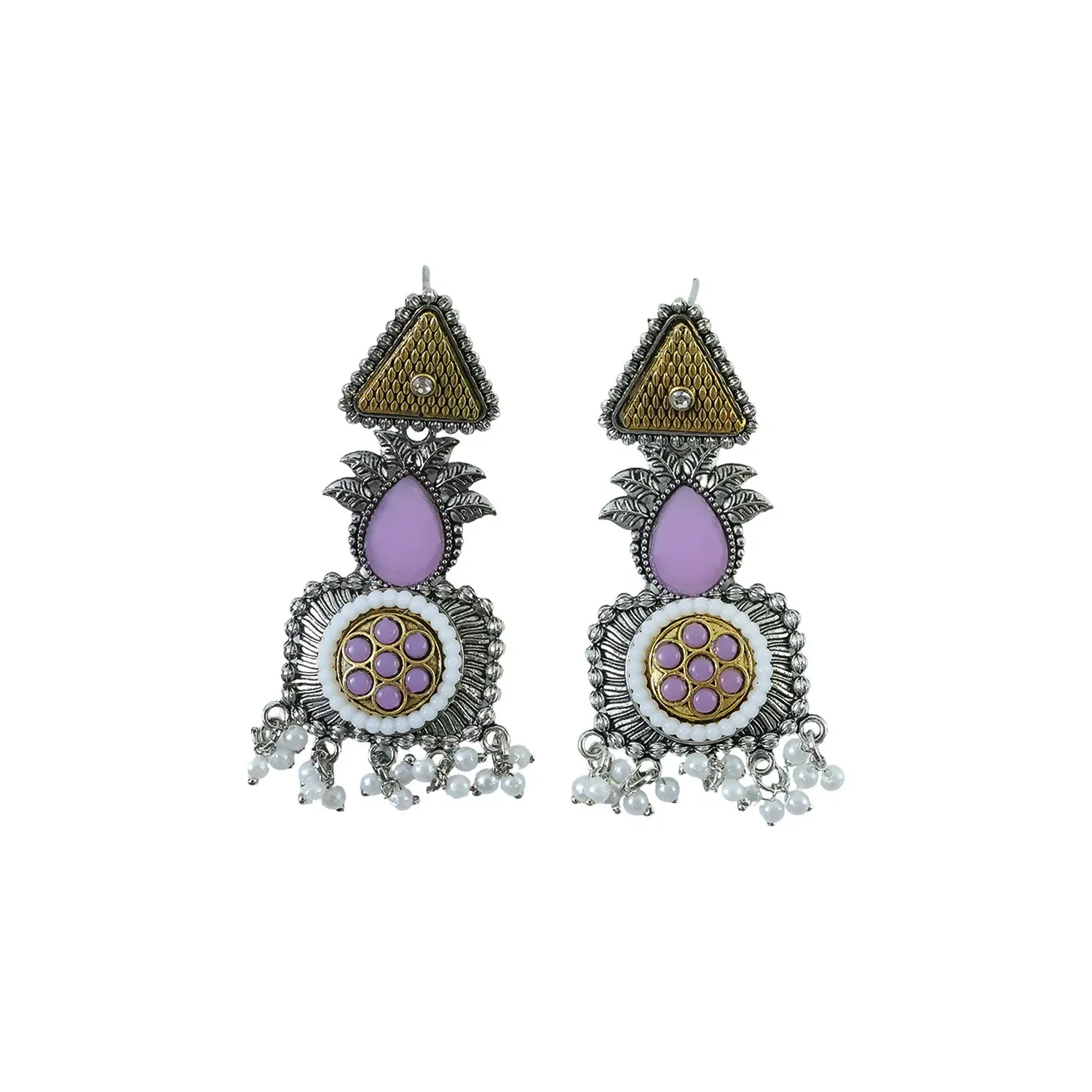Elegant Blush Pink & Pearl Embellished Statement Drop Earrings with Antique Silver Finish and Intricate Floral Filigree Design - Detailed Feature View 4