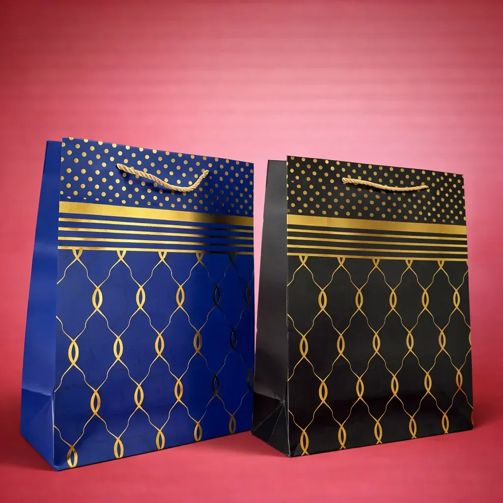 Premium Elegant Blue & Gold Design Gift Paper Bag with Handle 1 Piece - Buy Online at Alikart