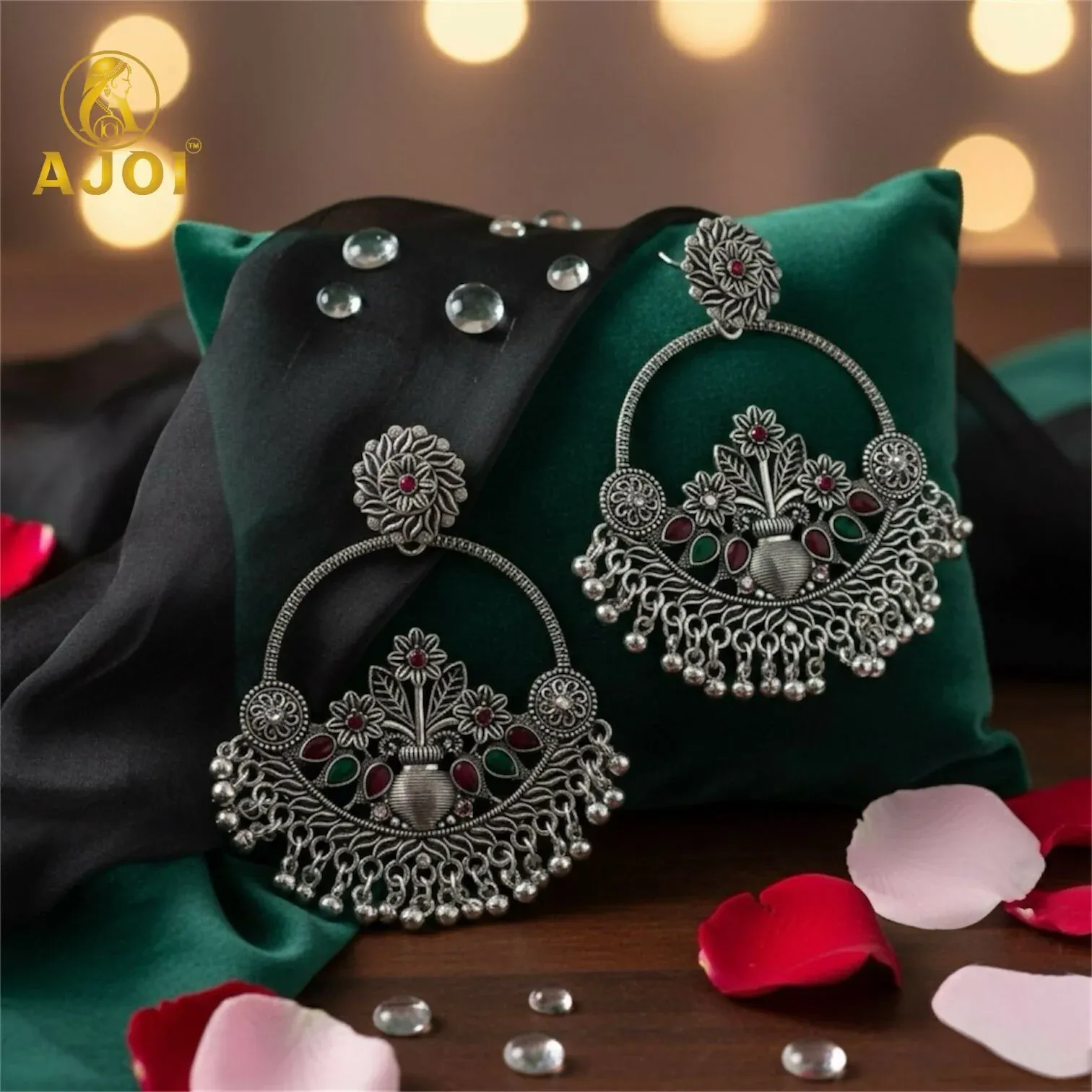 Oxidised Silver Floral Chandbali Earrings with Color Stones & Ghungroo - Detailed Feature View 2