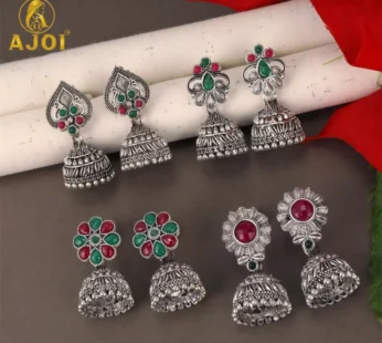 Oxidised Silver Jhumka Earrings Combo Set of 4 for Women & Girls