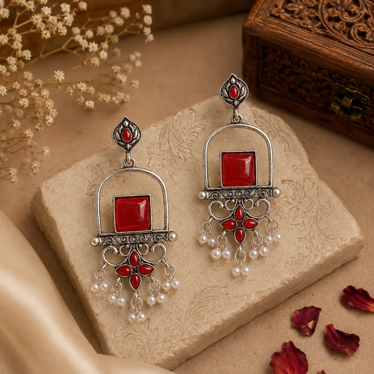 Elegant Red Stone Oxidized Silver Pearl Drop Chandelier Earrings - Detailed Feature View 1