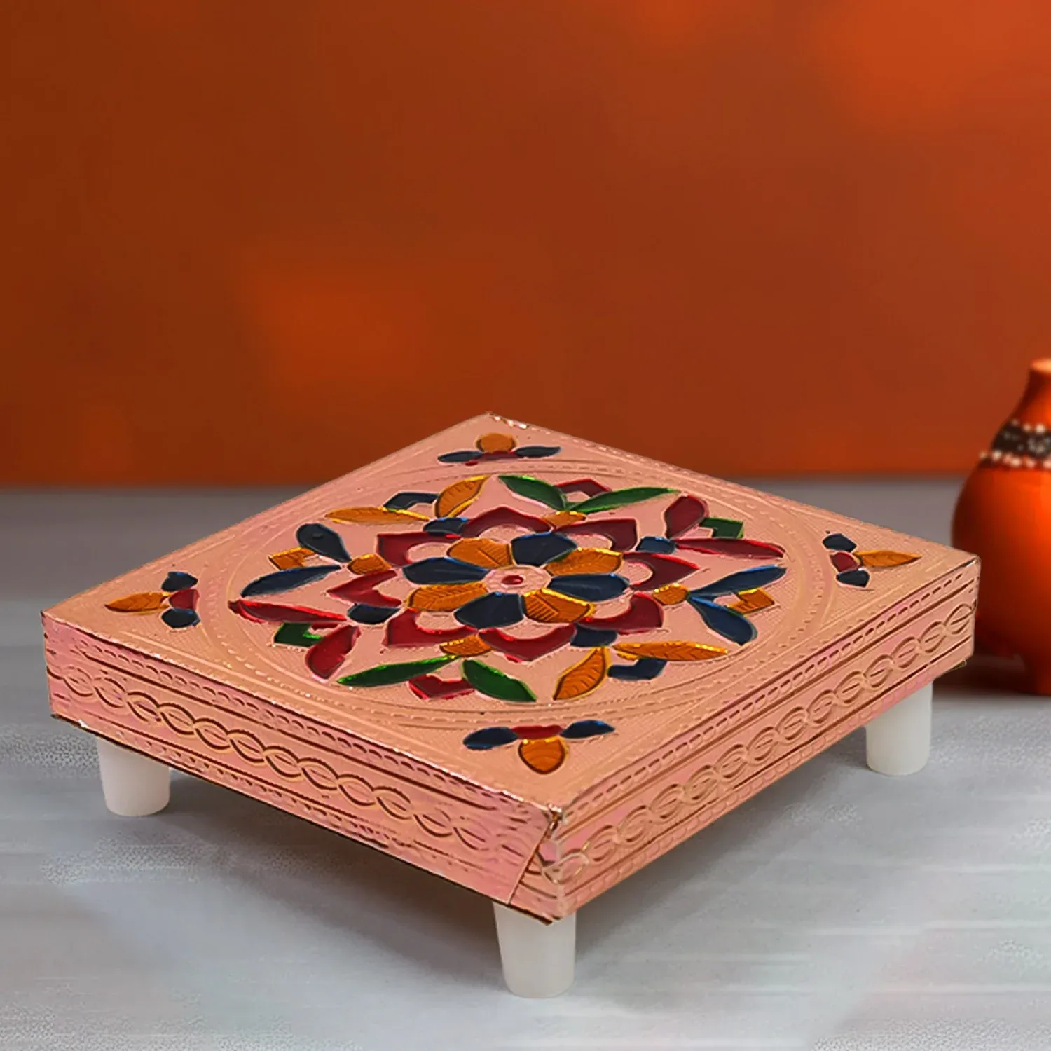 Premium Meenakari Puja Chowki – Handcrafted Wooden Bajot Set | VoltDesk - Buy Online at Alikart