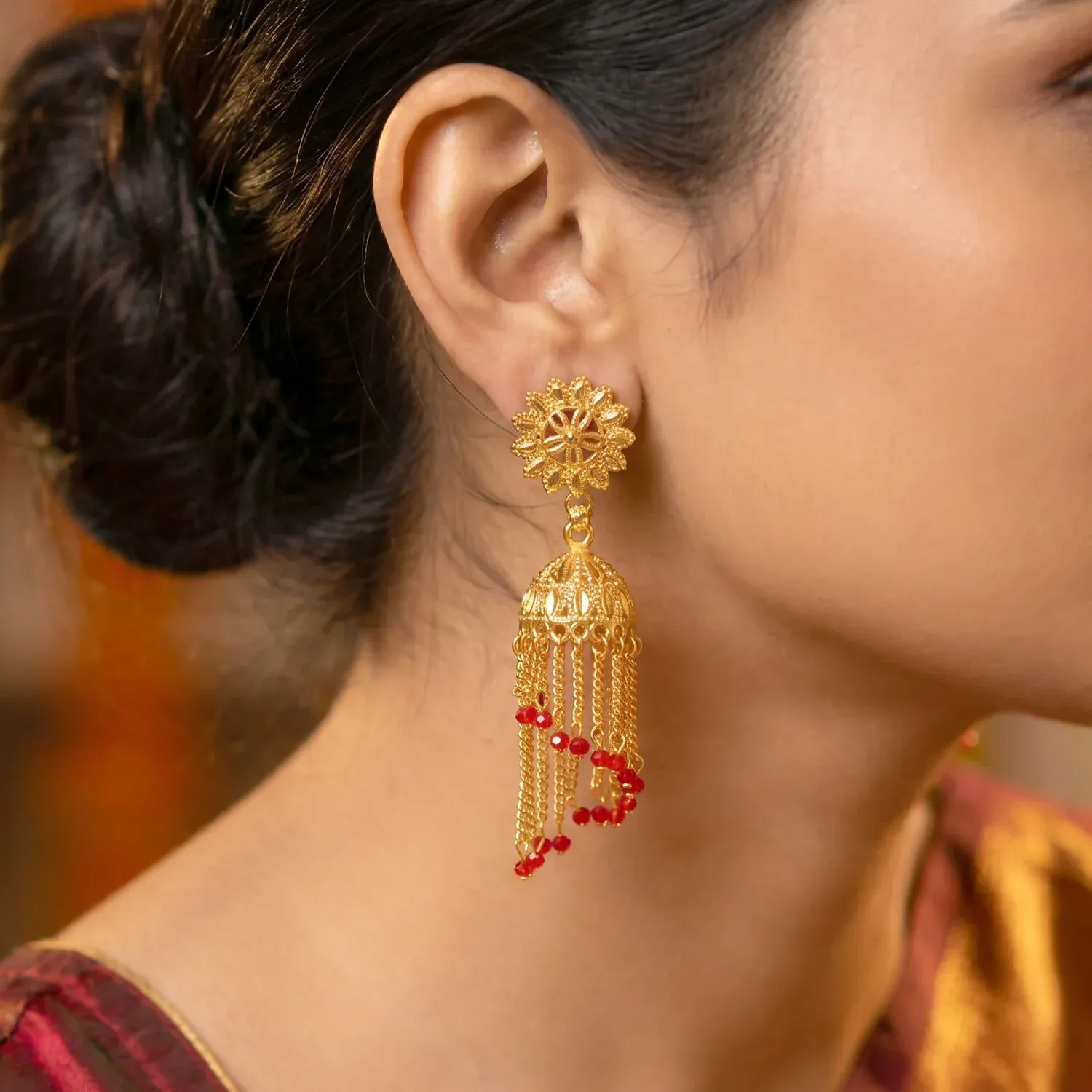 Vintage Gold-Plated Jhumka Earrings with Pearl Accents - Detailed Feature View 2