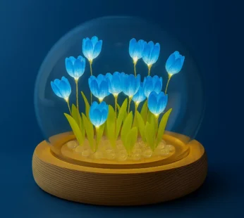 LED Blue Tulip Flower Dome Lamp with Wooden Base for Home Decor