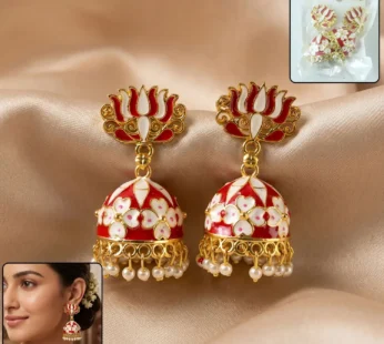 Premium Red Lotus Jhumka Earrings with Pearl Hangings