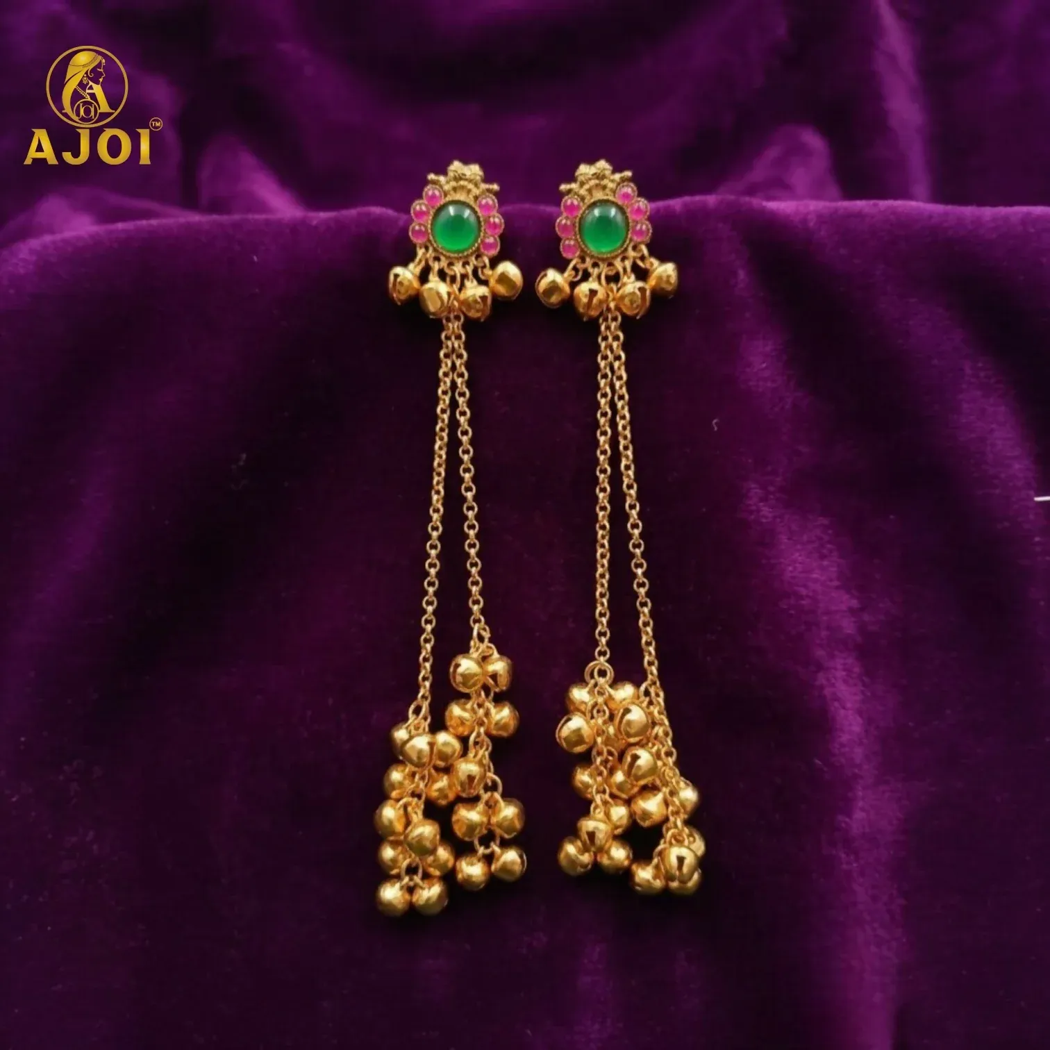 Imperial Kashmiri Gold-Plated Ear Cuff Chain Earrings with Emerald & Ruby Accents - Detailed Feature View 4