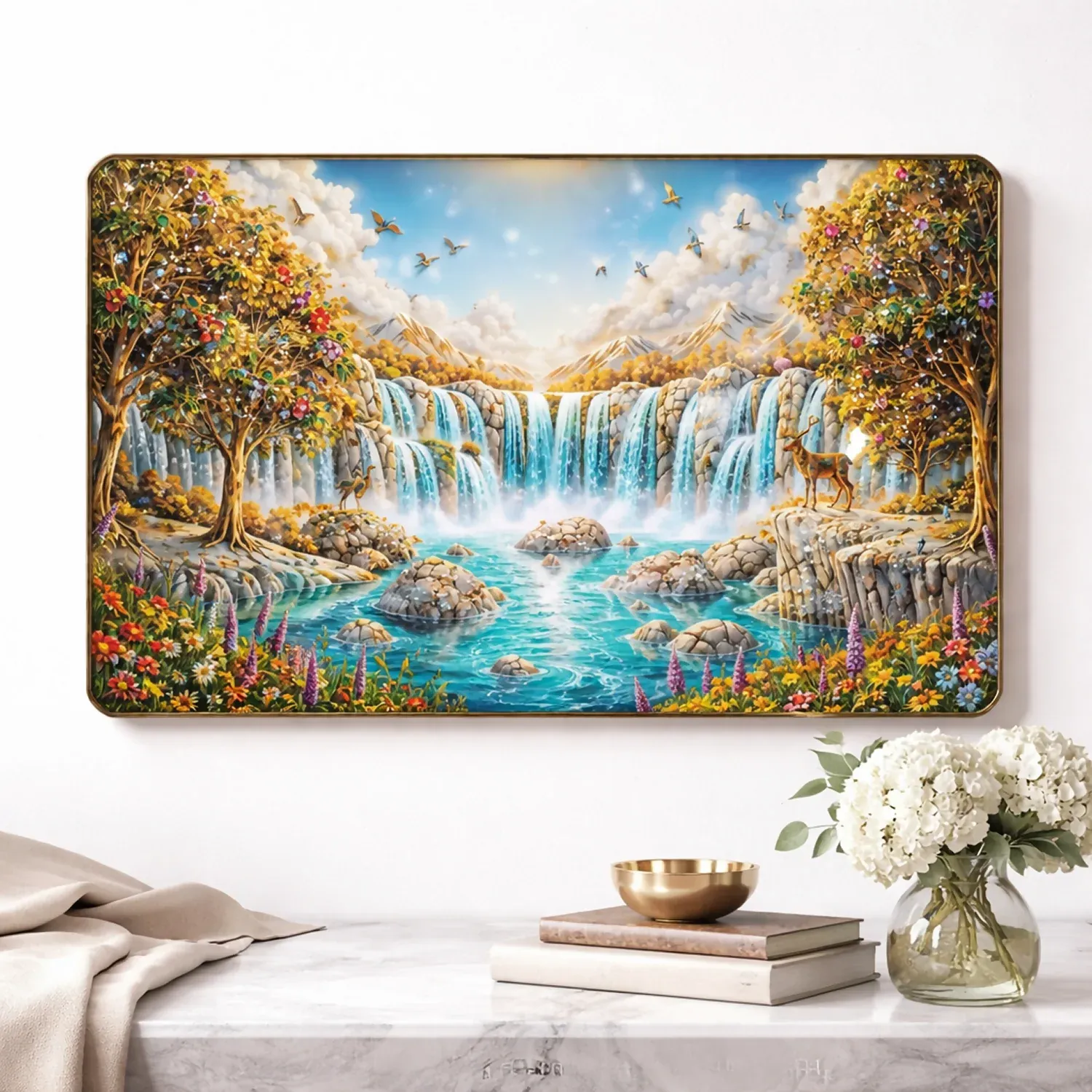 Premium 3D Waterfall Wall Décor with Golden Frame - Detailed Feature View 1