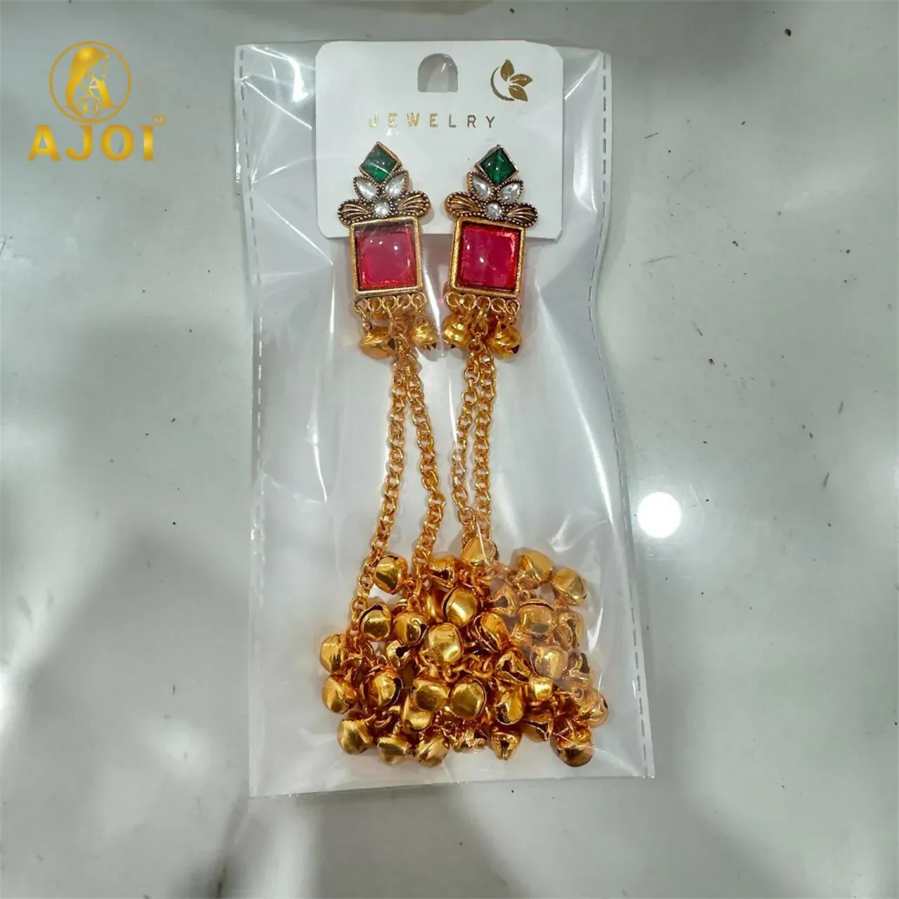 Pink Kashmiri Long Chain Ghungroo Earrings with Gold-Toned Chains - Detailed Feature View 5