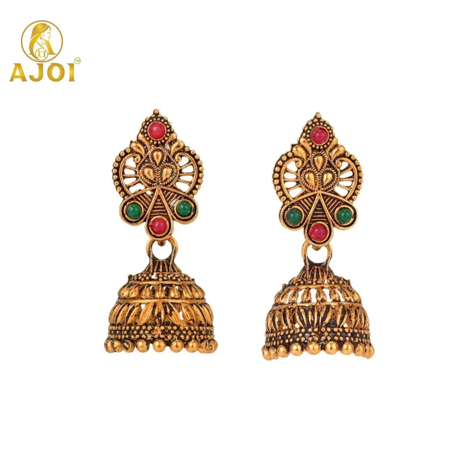 Traditional Antique Gold-Plated Temple Jhumka Earrings Combo Set for Women & Girls (Set of 5) - Detailed Feature View 3