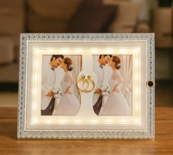 LED Crystal Wedding Photo Frame with Dual Slots & Golden Rings