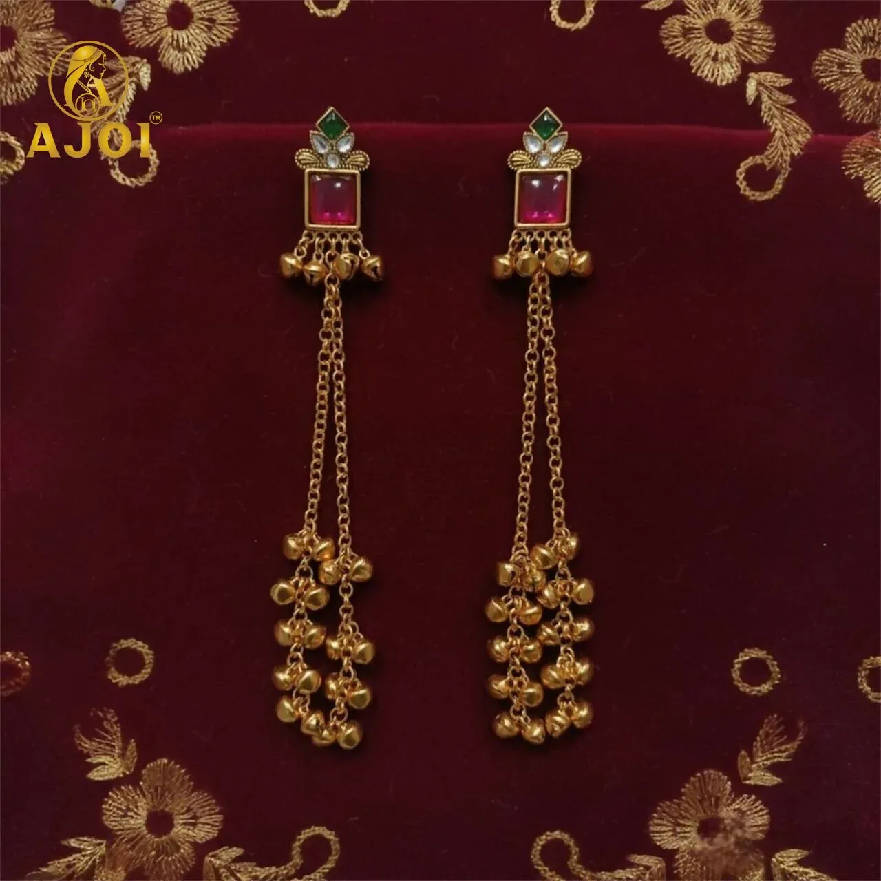Pink Kashmiri Long Chain Ghungroo Earrings with Gold-Toned Chains - Detailed Feature View 2