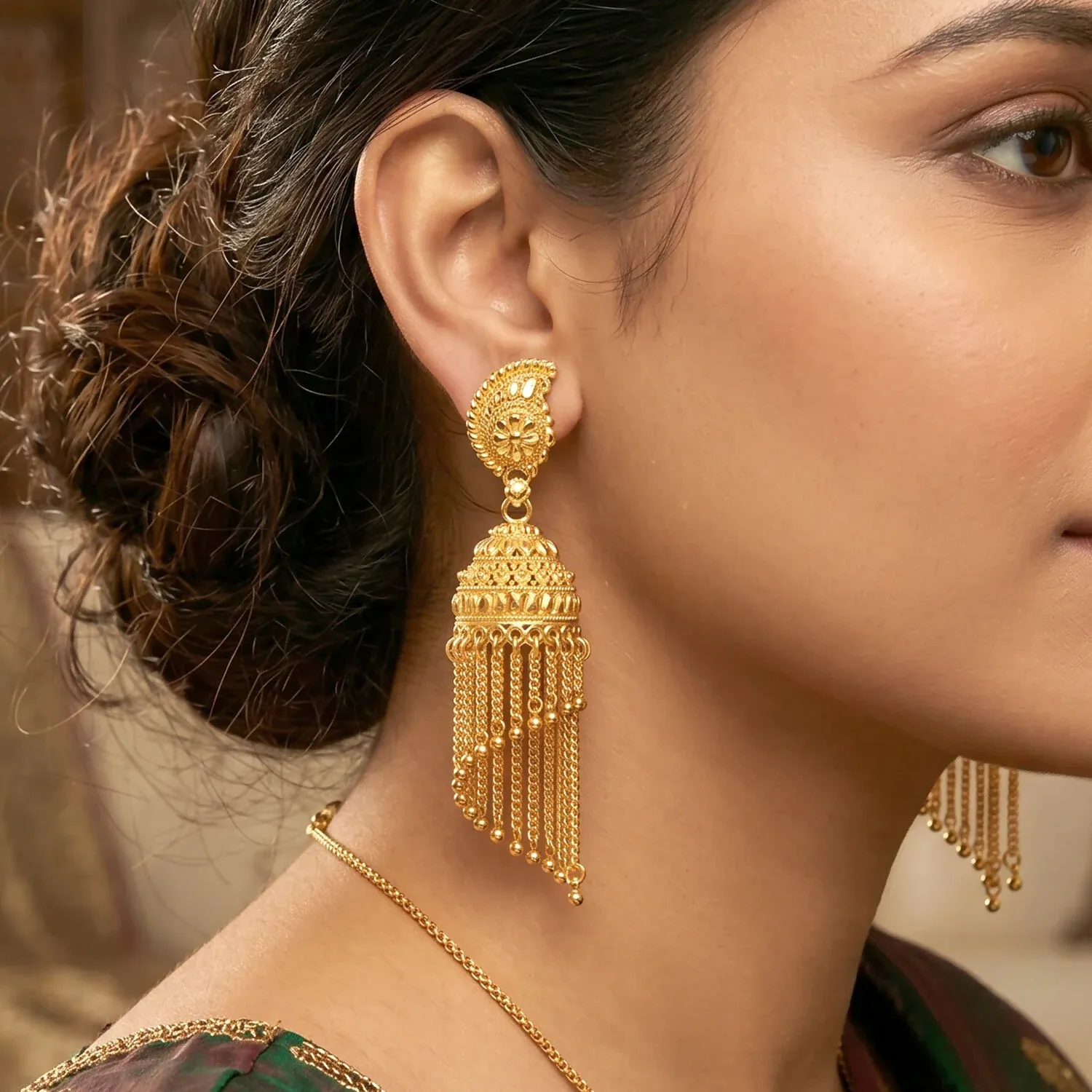 Gold-Plated Jhumka Earrings with Pearl Drops and Chain Detail - Detailed Feature View 2