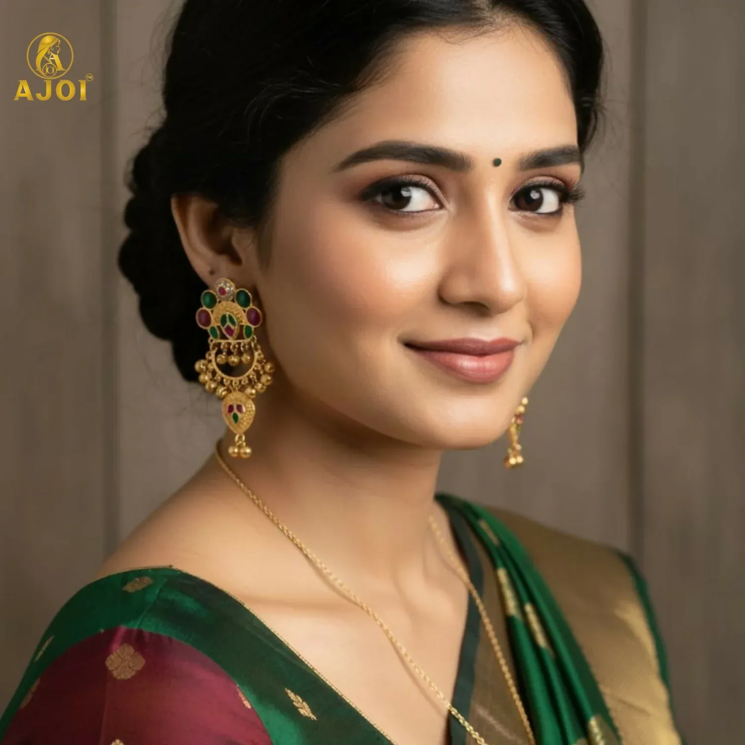 Kasmiri Gold-Plated Chandbali Earrings with Green & Pink Stones - Detailed Feature View 1