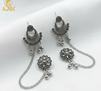 Oxidized Silver Ethnic Ear Cuff Chain Earrings with Studs