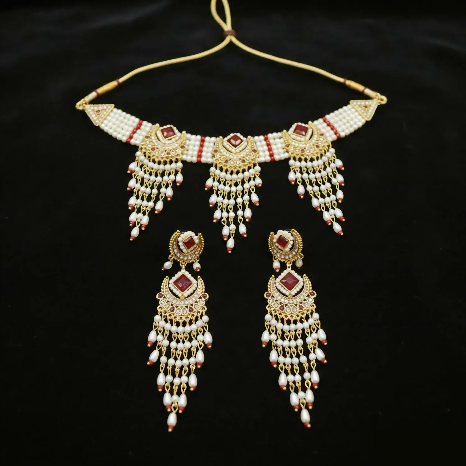 Radiant Ruby & Pearl Chandbali Choker Set with Matching Statement Earrings - Detailed Feature View 1