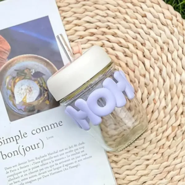 HOHO Pastel Purple Glass Milk Jar 350ml with Leakproof Straw Lid