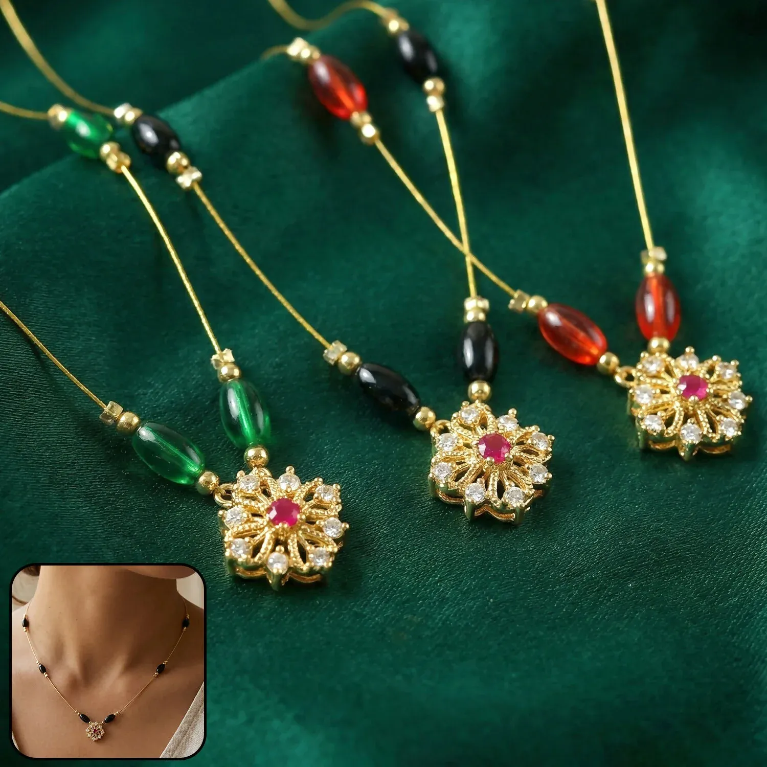 Premium Classic Multicolor Bead Necklace with Floral Drop Pendant - Buy Online at Alikart