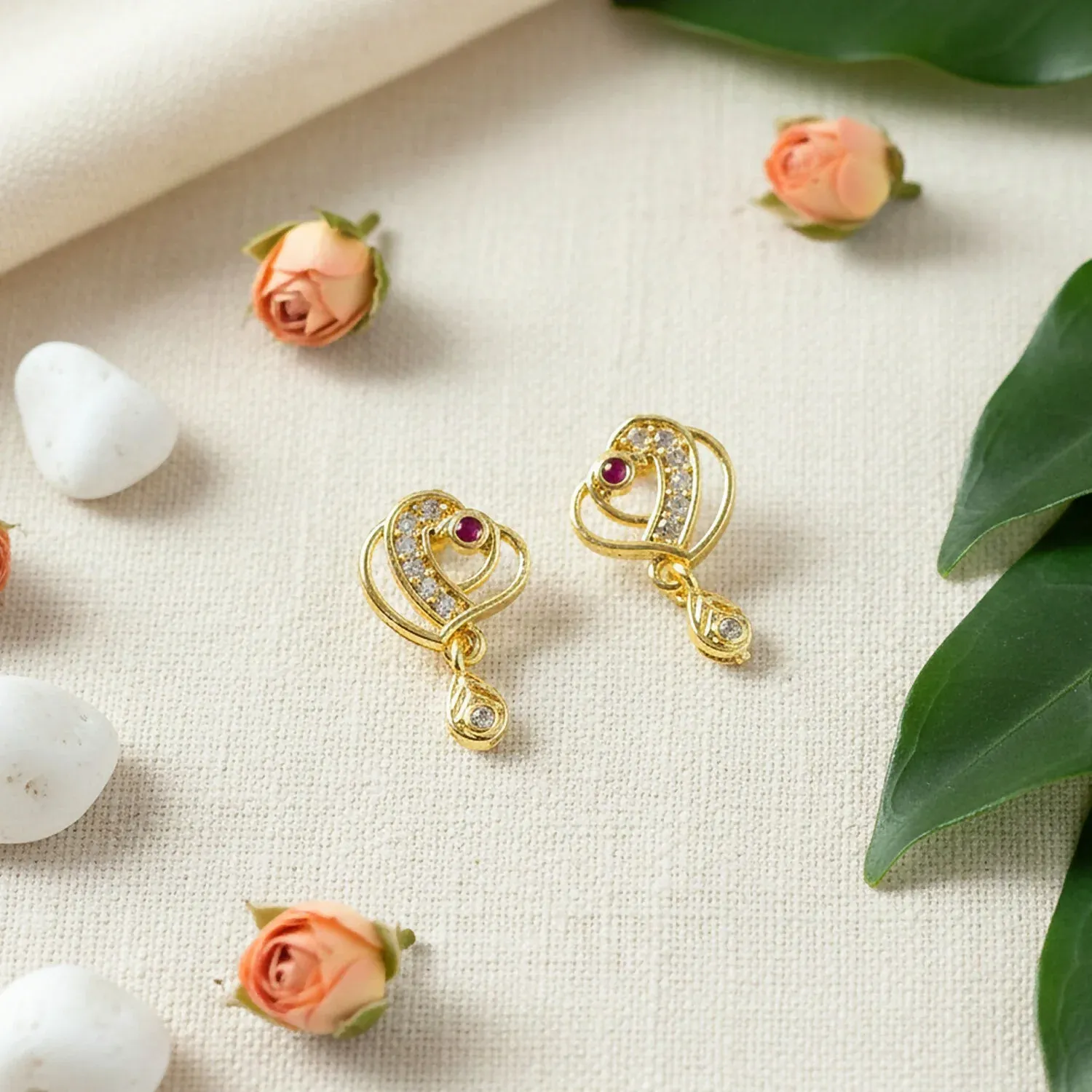 Trendy Geometric Gold Earrings with Sparkling Stones & Drop Charm - Detailed Feature View 2