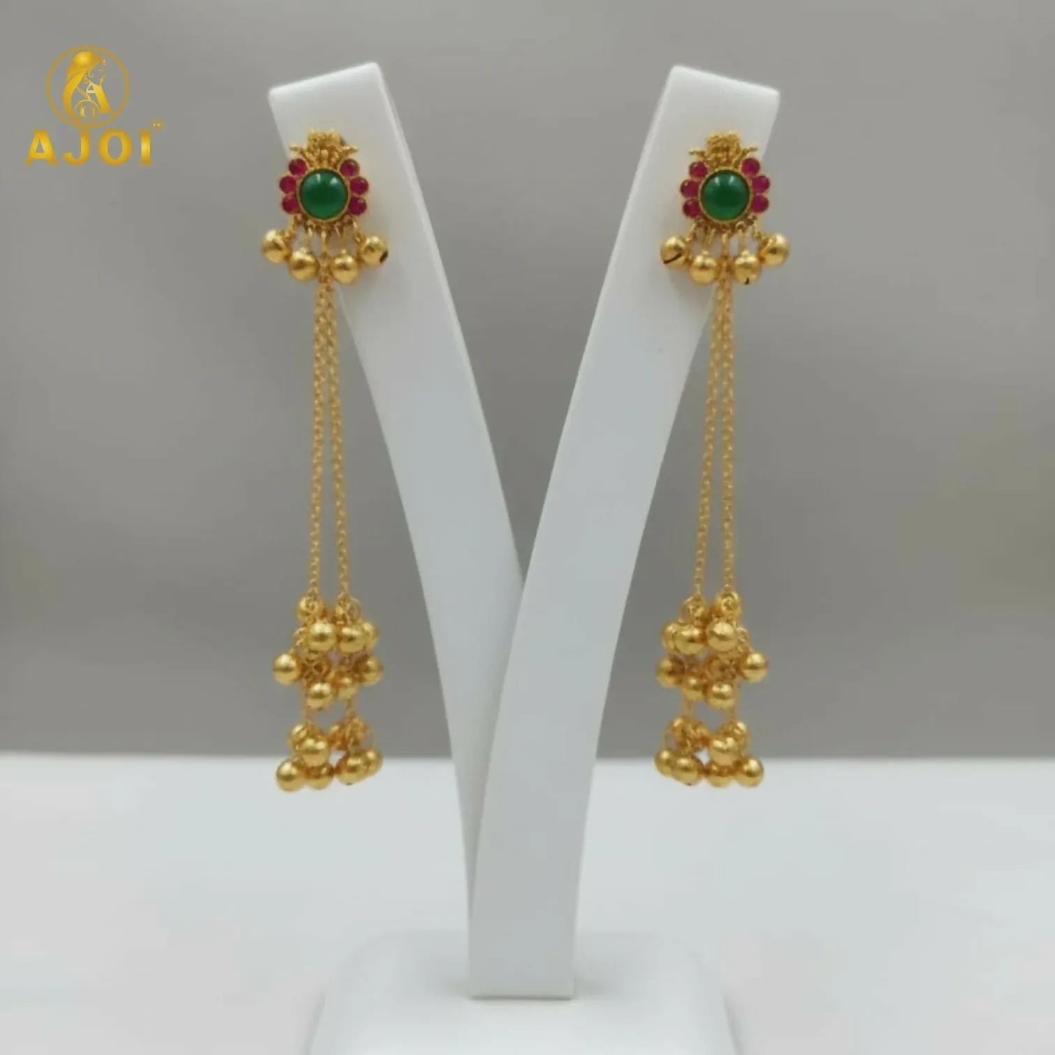 Imperial Kashmiri Gold-Plated Ear Cuff Chain Earrings with Emerald & Ruby Accents - Detailed Feature View 2