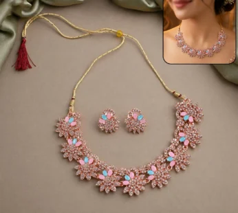 Hot Pink and Blue Stones Necklace & Earrings Set with Gold Plating