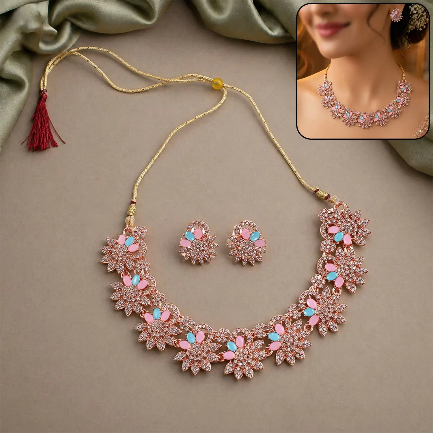 Premium Hot Pink and Blue Stones Necklace & Earrings Set with Gold Plating - Buy Online at Alikart