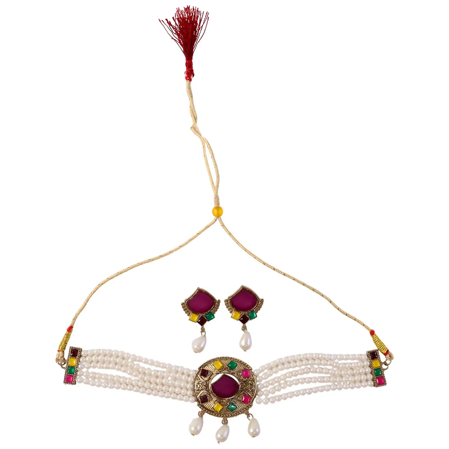 Traditional Purple Stone Pearl Choker Necklace Set with Earrings for Women - Detailed Feature View 4