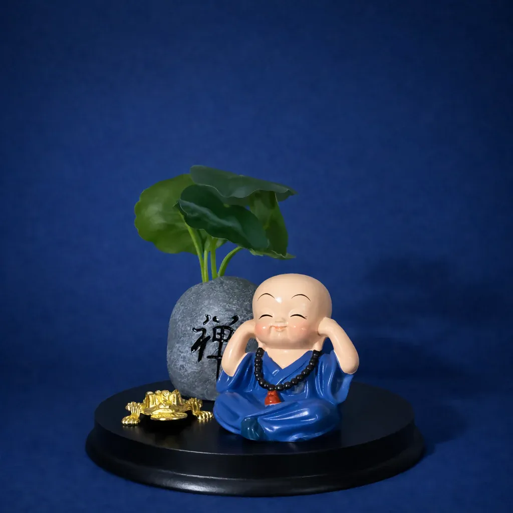 Zen Monk Showpiece with Lucky Money Frog & Mini Planter — Home & Office Decor(ANY COLOR) - Detailed Feature View 3