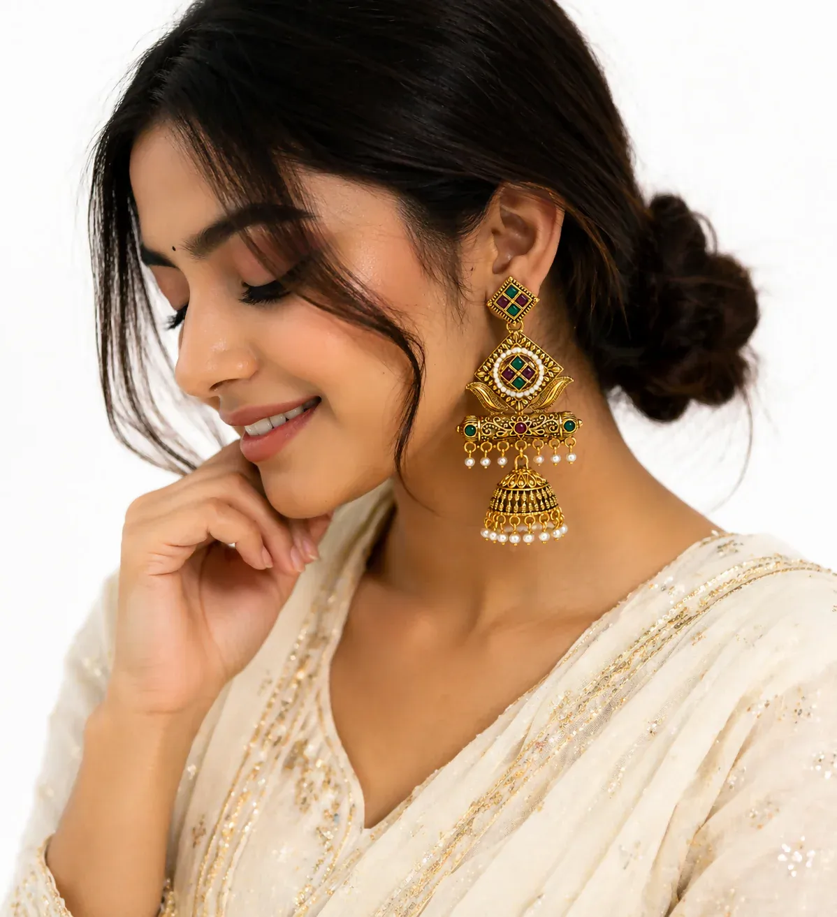 Premium Antique Gold-Plated Geometric Stone & Pearl Jhumka Earrings - Detailed Feature View 2