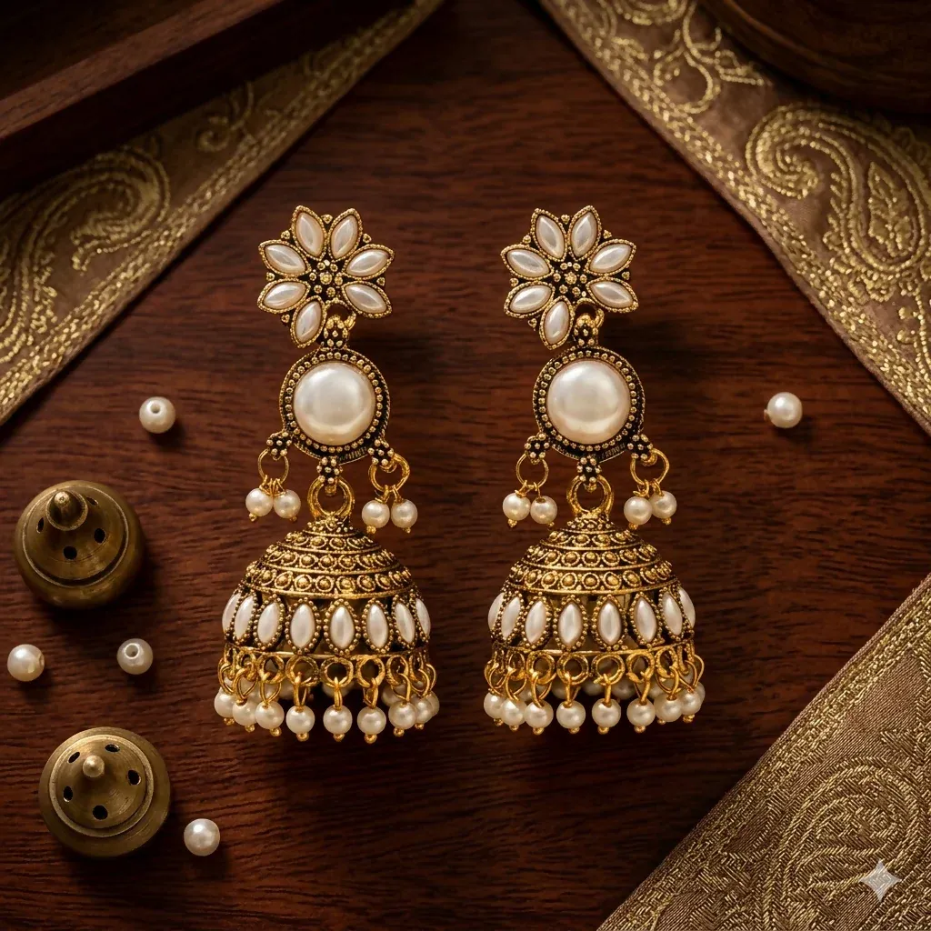 Oxidised Pearl Jhumka Earrings with Ruby & Black Stones - Detailed Feature View 1