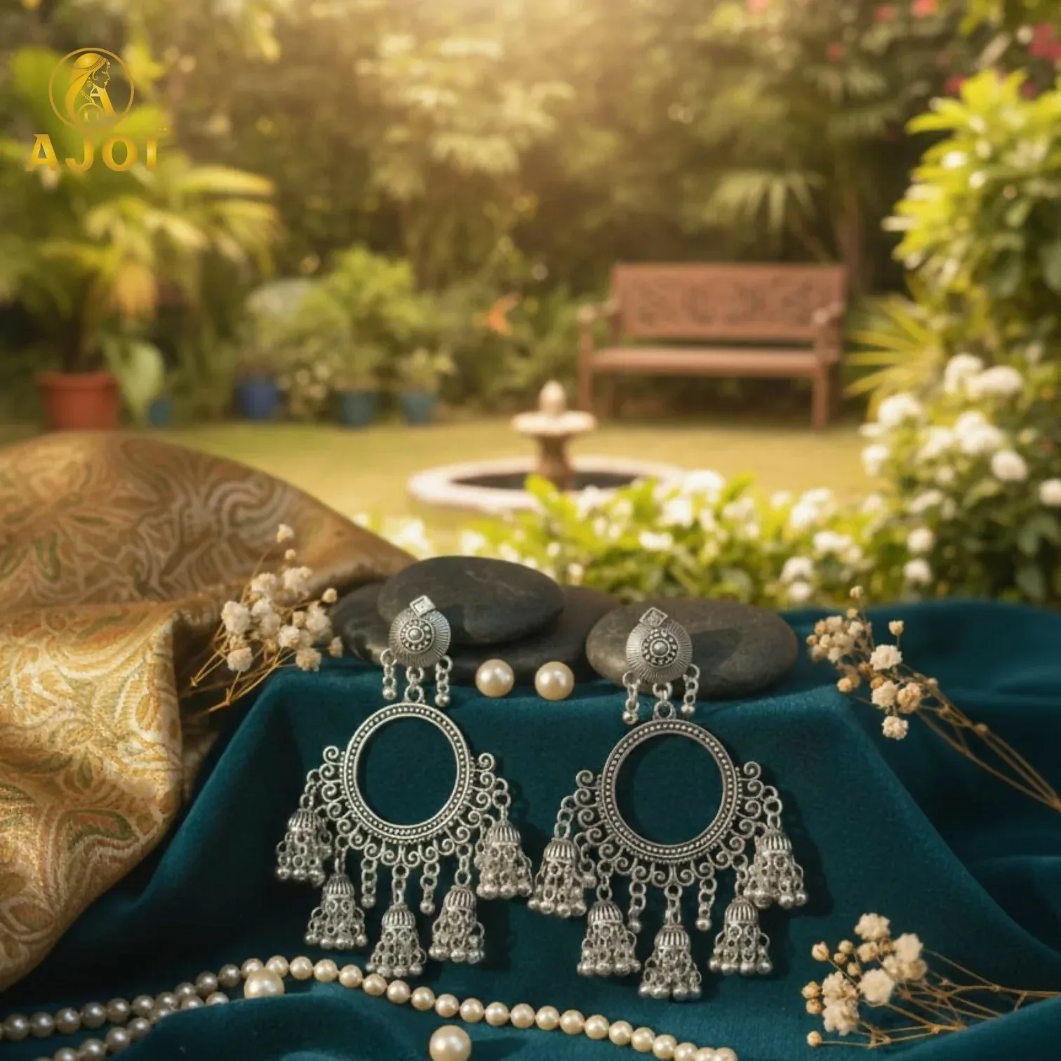 Premium Oxidised Silver Boho Chandbali Jhumka Earrings - Detailed Feature View 2