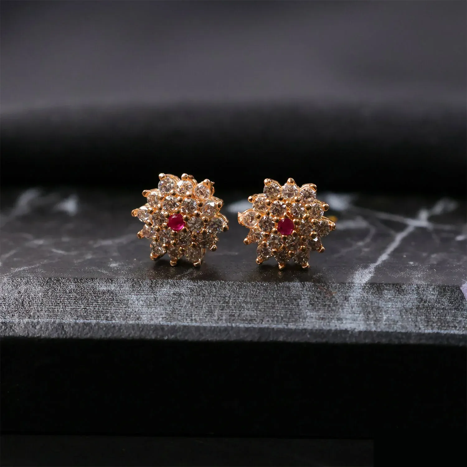 Floral CZ Stud Earrings with Center Stone for Daily & Party Wear - Detailed Feature View 1