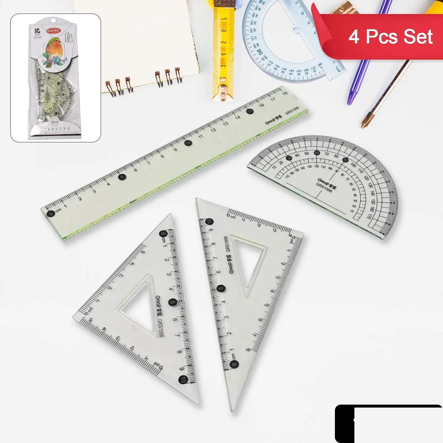 4-Piece Geometry Set, Triangle Ruler Protractor Straight Ruler - Detailed Feature View 1