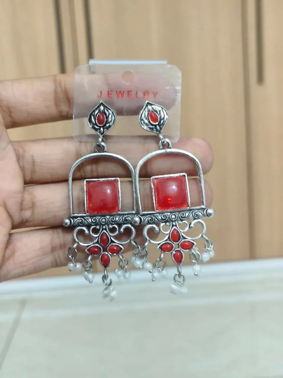 Elegant Red Stone Oxidized Silver Pearl Drop Chandelier Earrings - Detailed Feature View 4