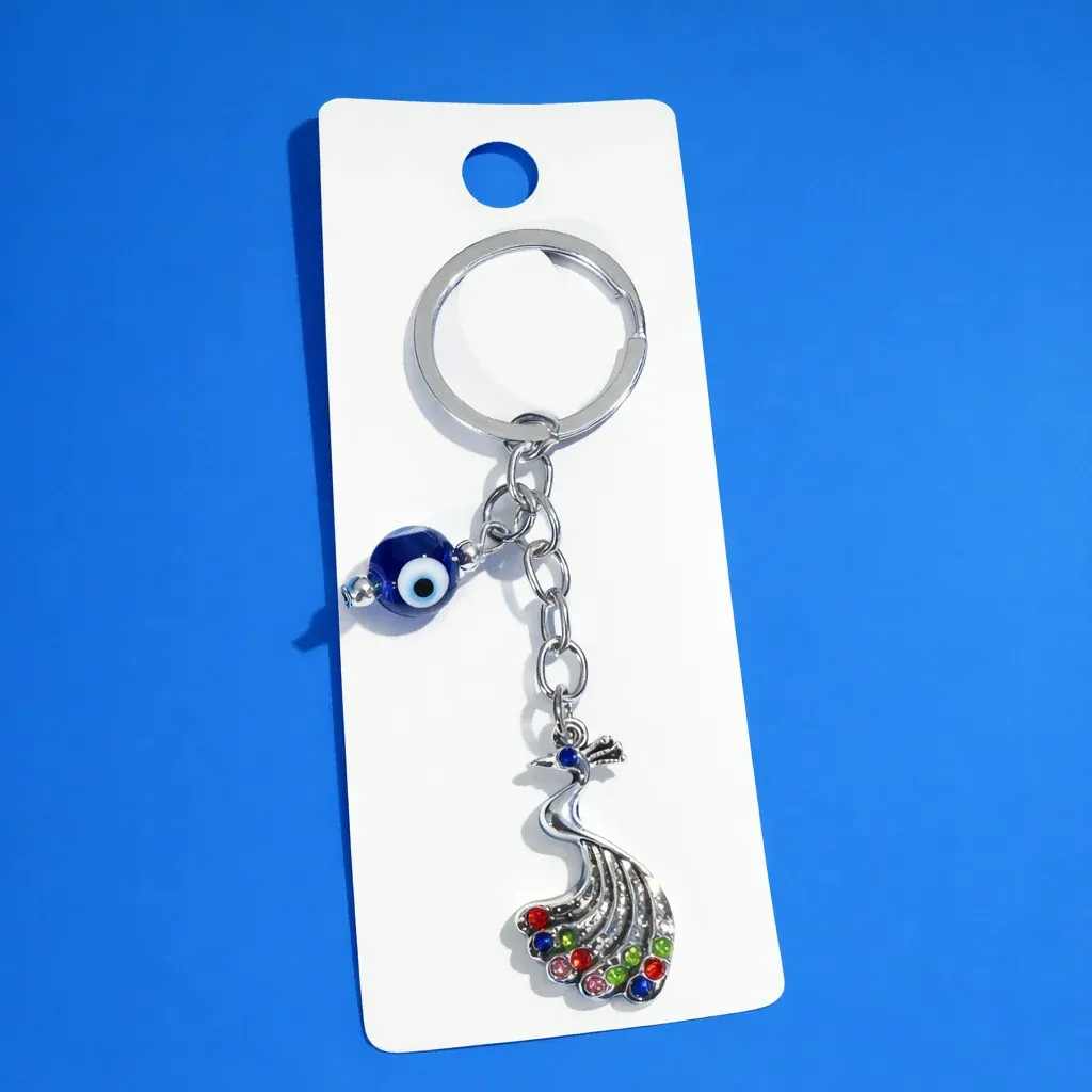 Peacock Evil Eye Keychain with Multicolour Stones for Car Keys & Bags - Detailed Feature View 1
