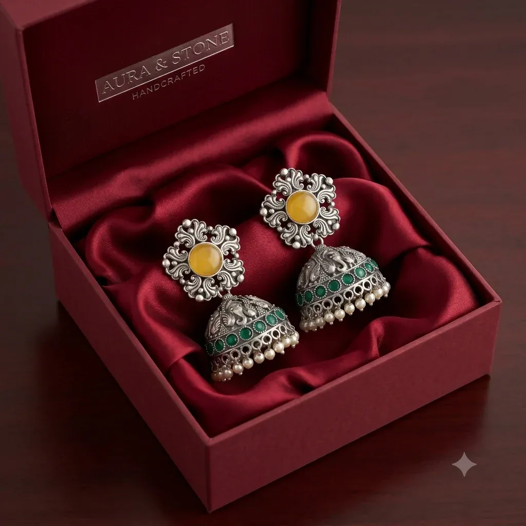 Oxidised Silver Jhumka Earrings with Yellow & Emerald Stones - Detailed Feature View 1