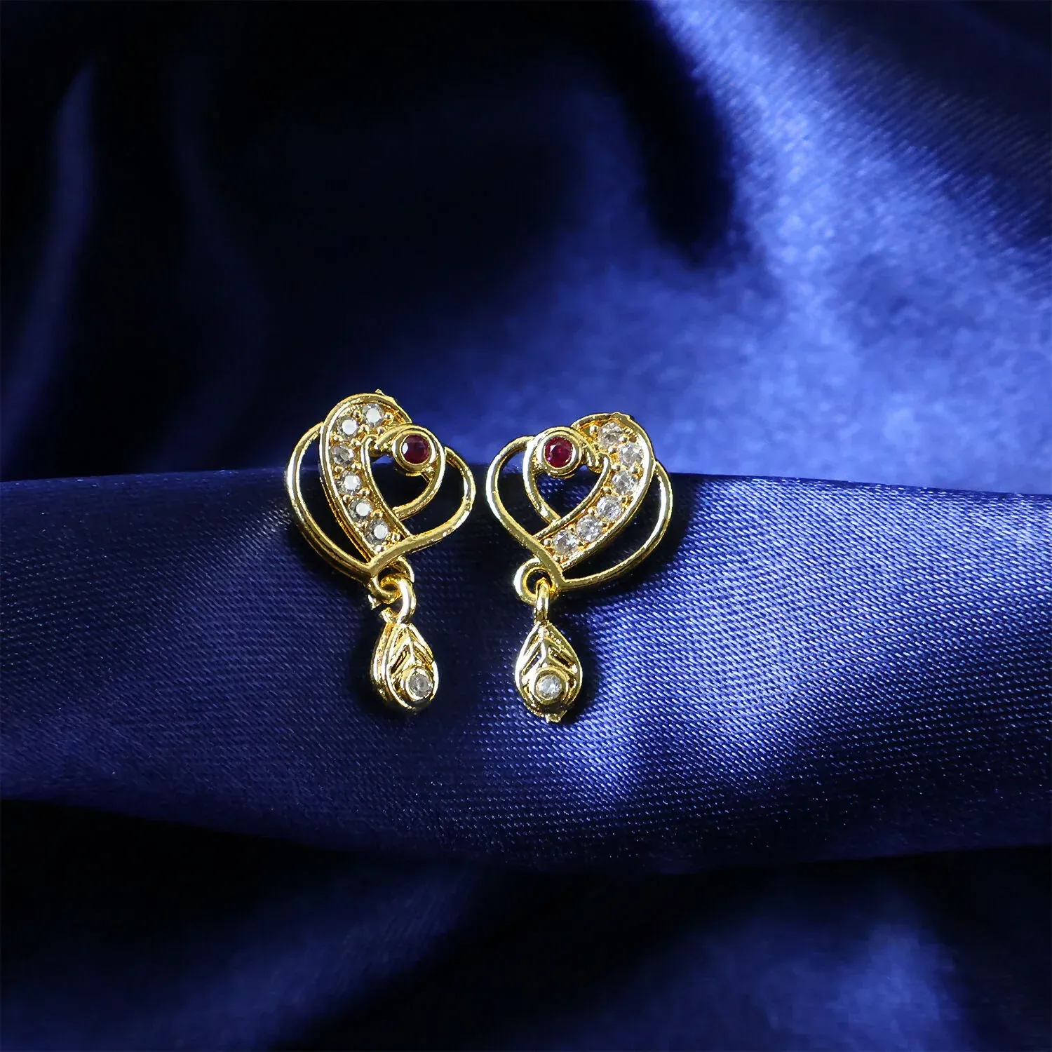 Trendy Geometric Gold Earrings with Sparkling Stones & Drop Charm - Detailed Feature View 3