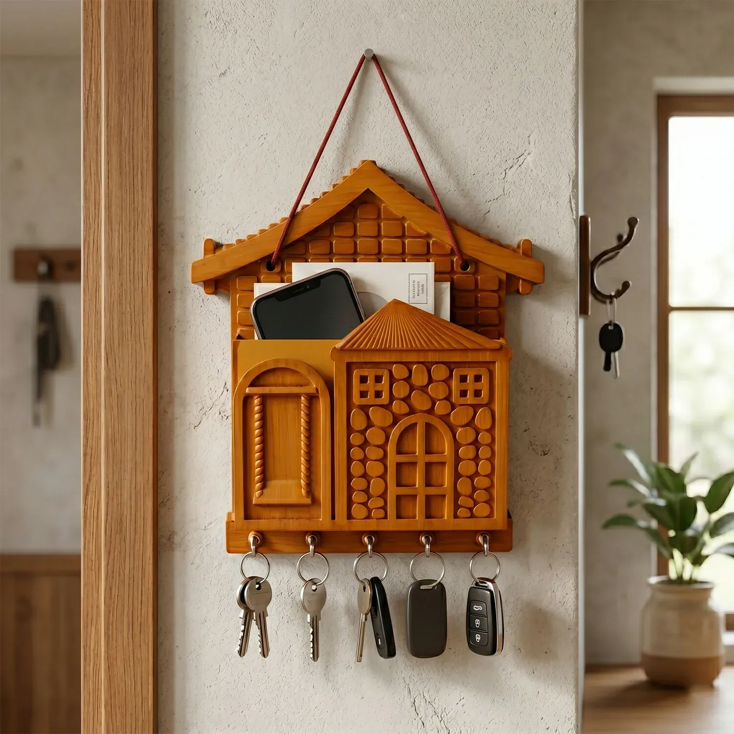 Key Holder with Key Villa – Rustic Wooden Organizer with Hooks - Detailed Feature View 1