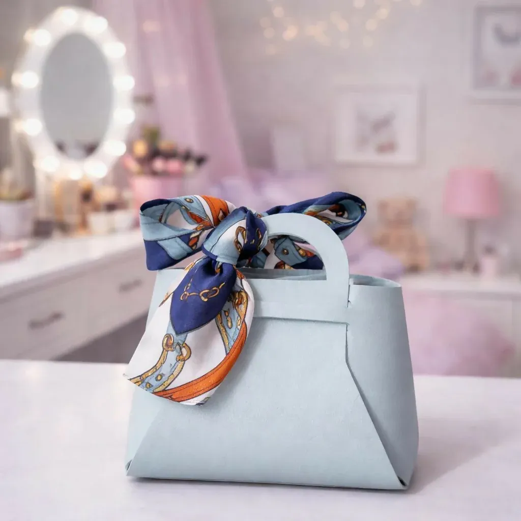 Mini Sky Blue Handbag Organizer with Printed Bow Scarf - Detailed Feature View 1
