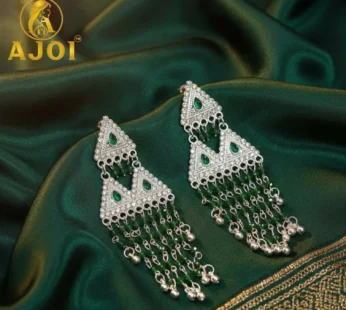 Emerald Royale Silver-Tone Triangle Statement Earrings with Layered Bead Tassels
