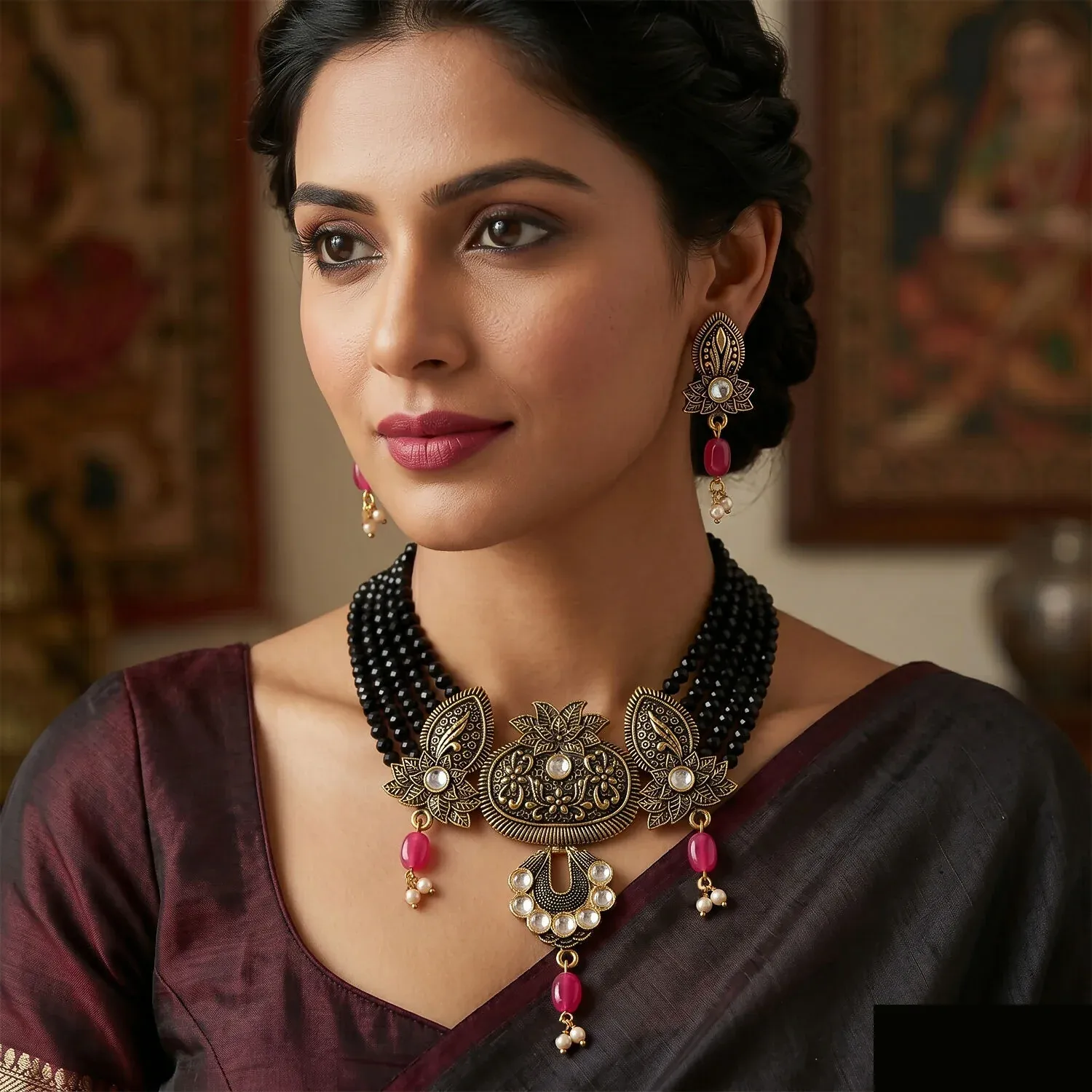 Black Beaded Ethnic Necklace Set with Adjustable Thread and Earrings - Detailed Feature View 1
