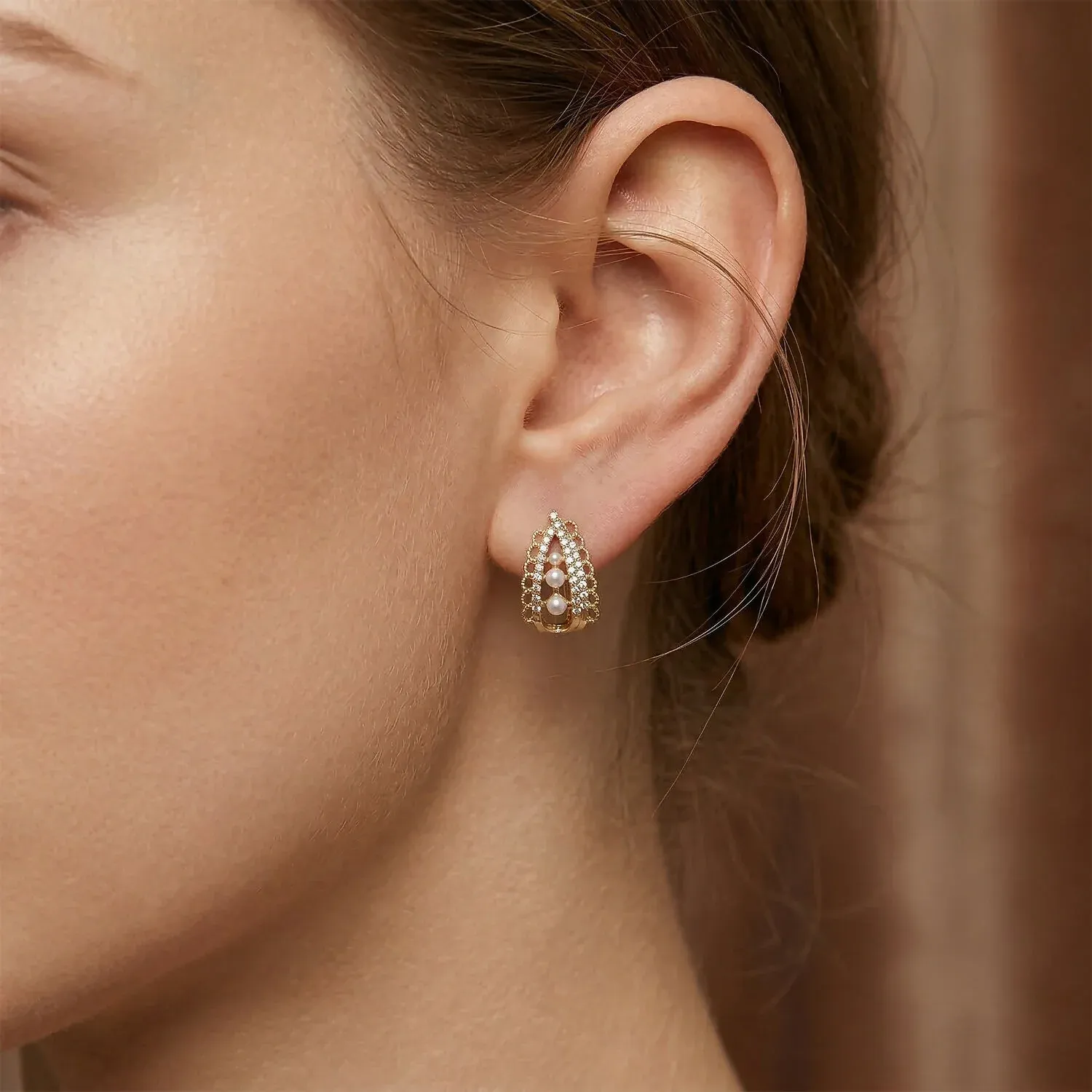 Royal Korean Crystal Arch & Triple Pearl Stud Earrings For Women And Girls - Detailed Feature View 2