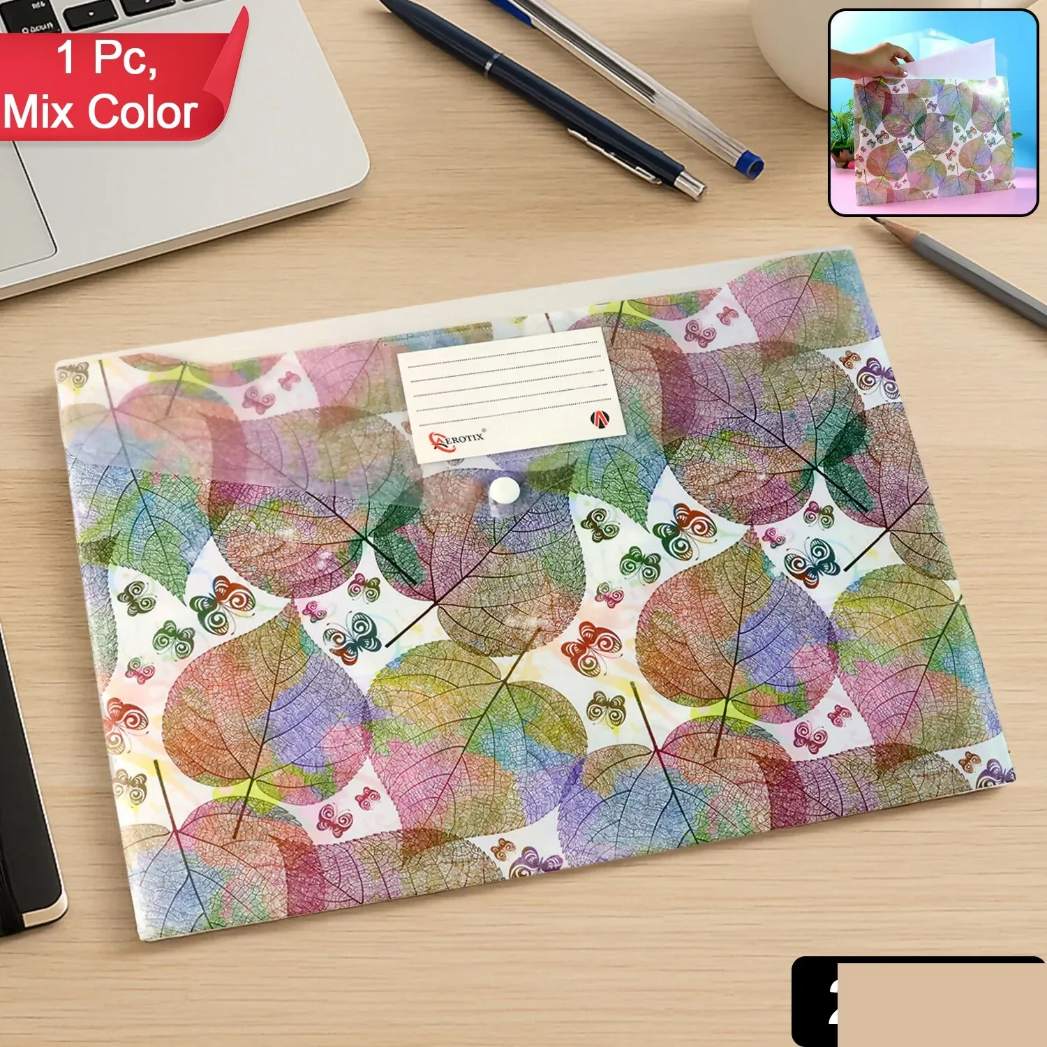 Printed A4 Document Folder – Leaf Design with Button Closure & Label Slot (1 Pc) - Detailed Feature View 1