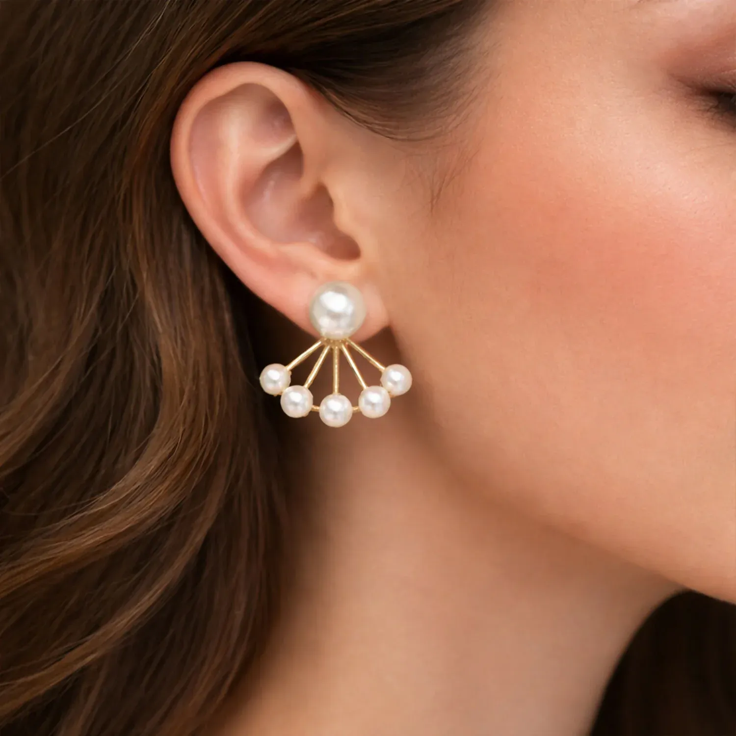 Korean Style Pearl Fan Design Stud Earrings for Women & Girls - Detailed Feature View 2