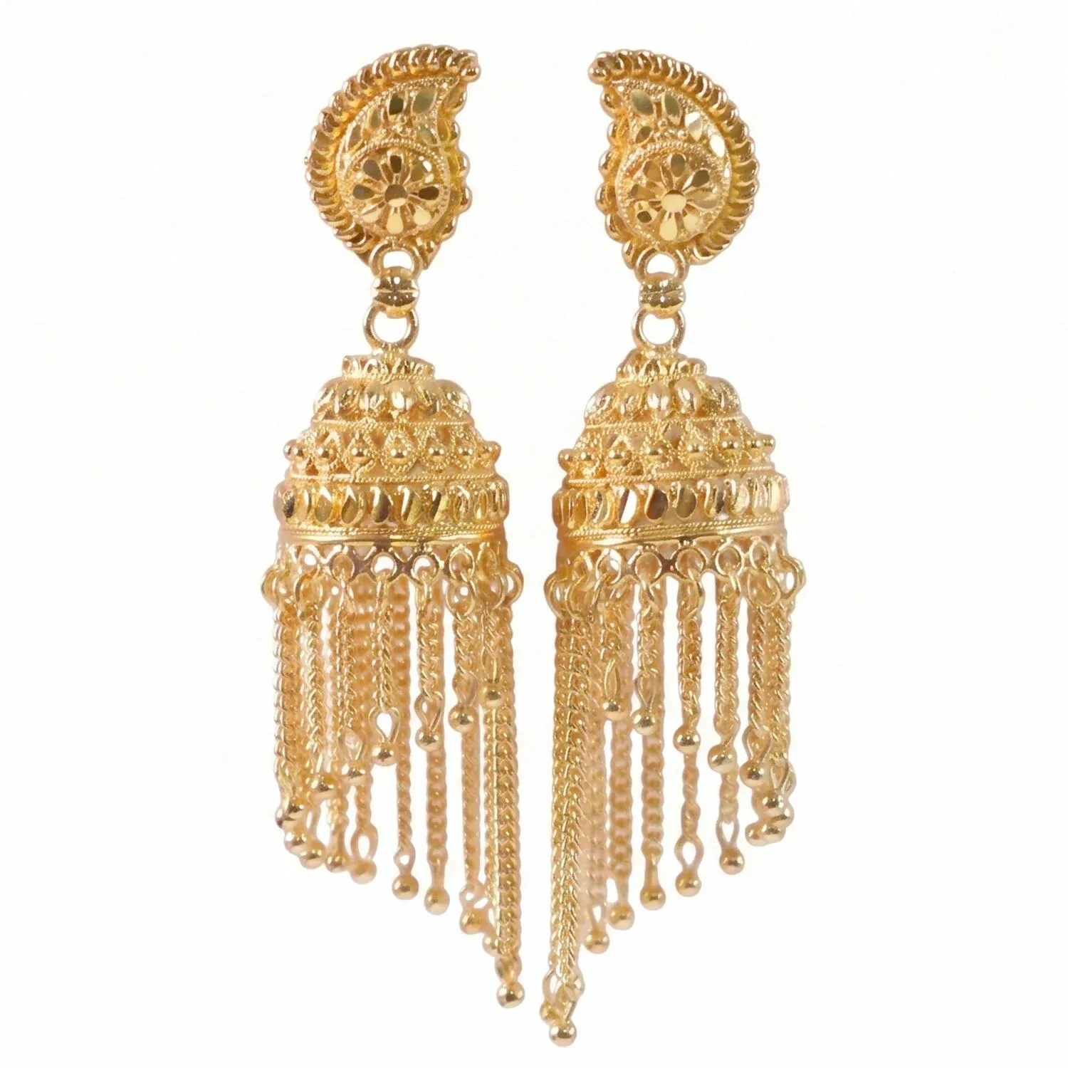 Gold-Plated Jhumka Earrings with Pearl Drops and Chain Detail - Detailed Feature View 5