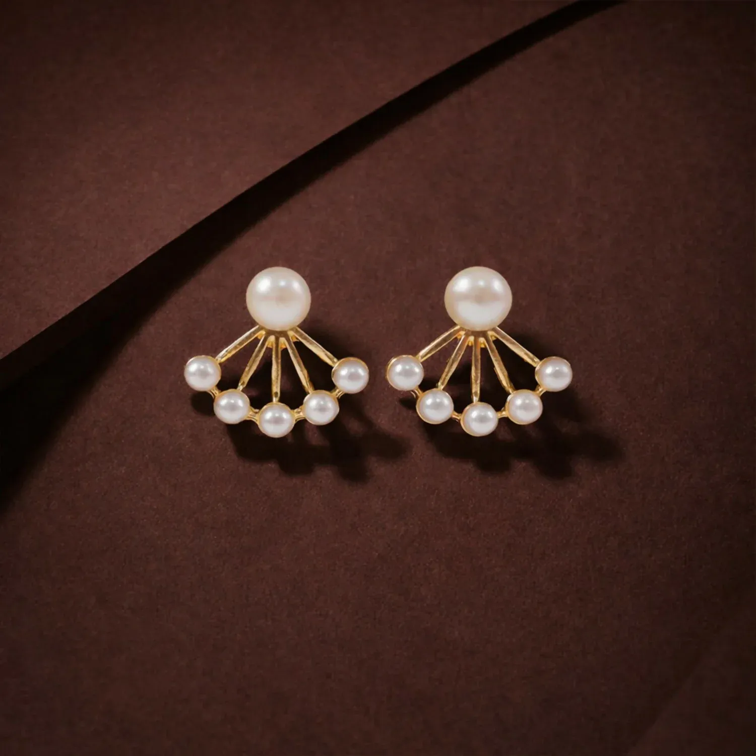 Korean Style Pearl Fan Design Stud Earrings for Women & Girls - Detailed Feature View 1