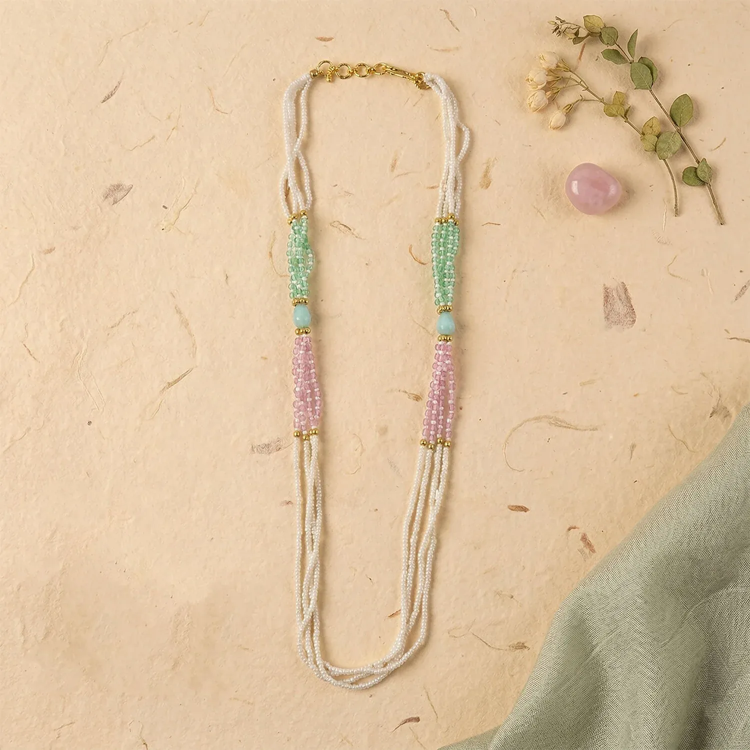 Layered Pearl Mala Necklace with Pastel Green & Pink Beads - Detailed Feature View 3