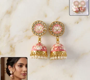 Pink Lotus Design Gold Tone Jhumka Earrings with Pearl Beads